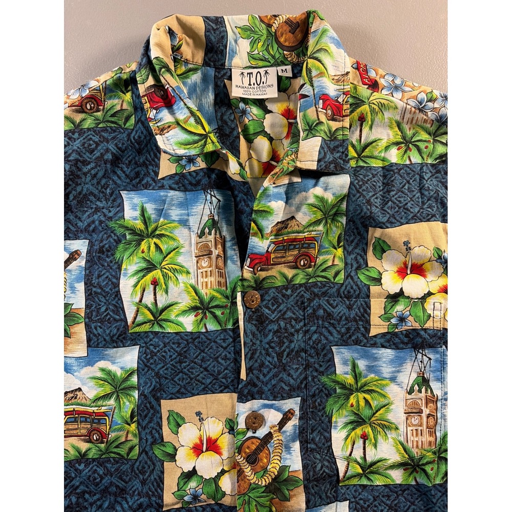 T.O.T. Hawaiian Designs Shirt Mens Medium Blue Cotton Tropical Postcard Print‎